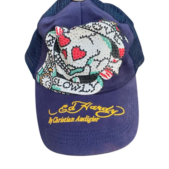 VINTAGE Ed Hardy navy and blue skull cap with SWAG STICKER - Picture 2 of 7